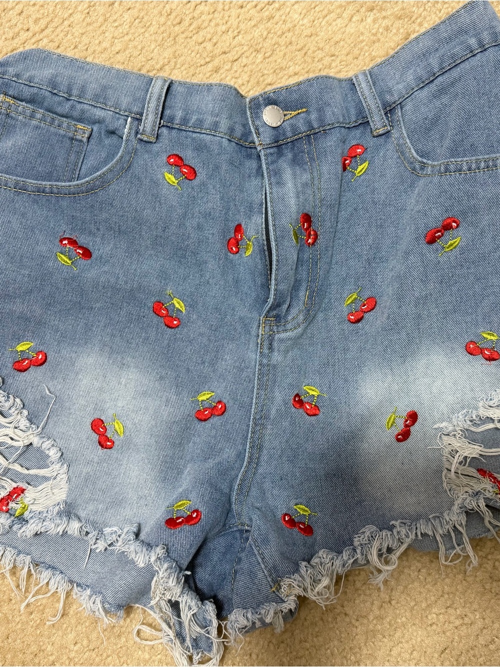 SHEIN Light Blue Denim High-Waist Cherry Patch Shorts
